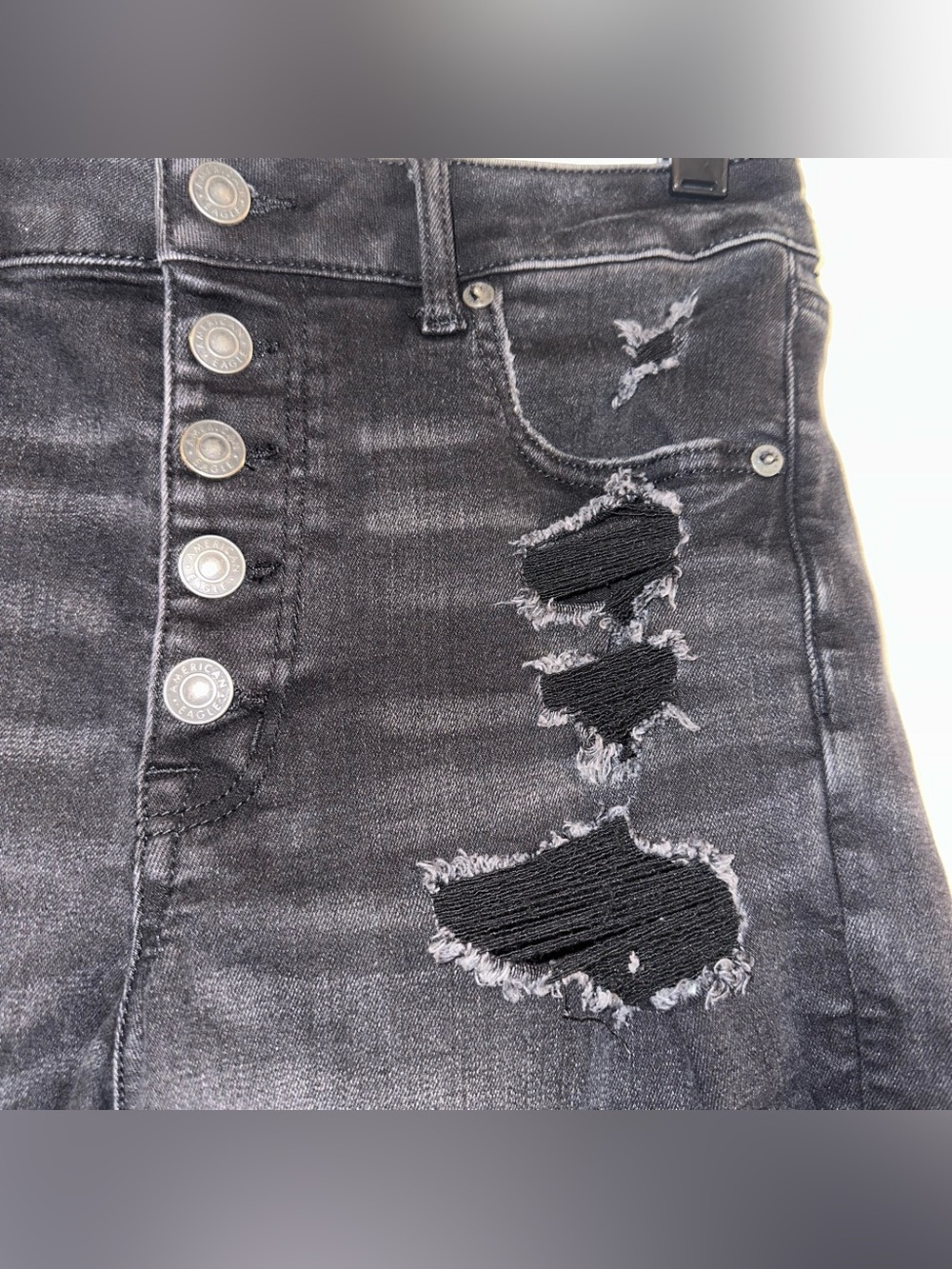 American Eagle High-Rise Distressed Black Denim Shorts - Women - Picture 4 of 5